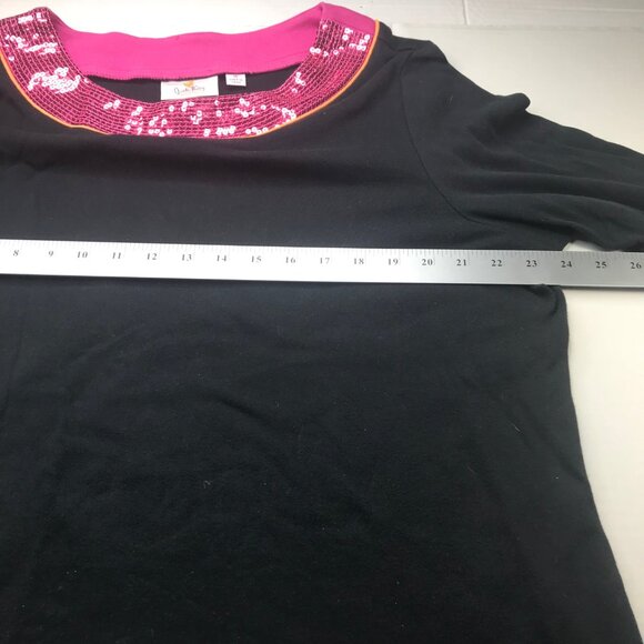 Quaker Factory Women's 1X Top Black Pink Sequins Trim 3/4 Sleeve Preowned - Picture 7 of 11